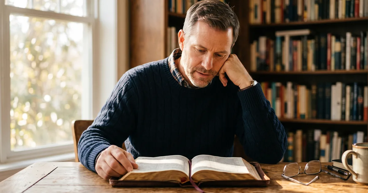 Hombre leyendo biblia sueter azul leyendo la Biblia
