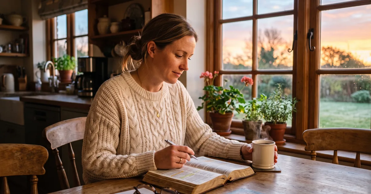 Mujer cocina amanecer leyendo la Biblia