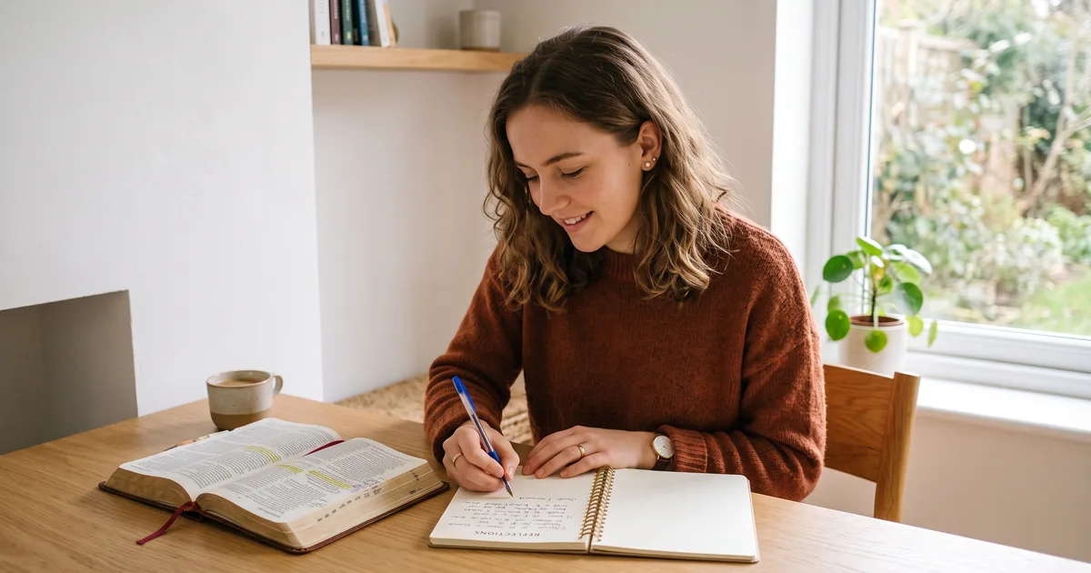 Mujer joven cuaderno leyendo la Biblia