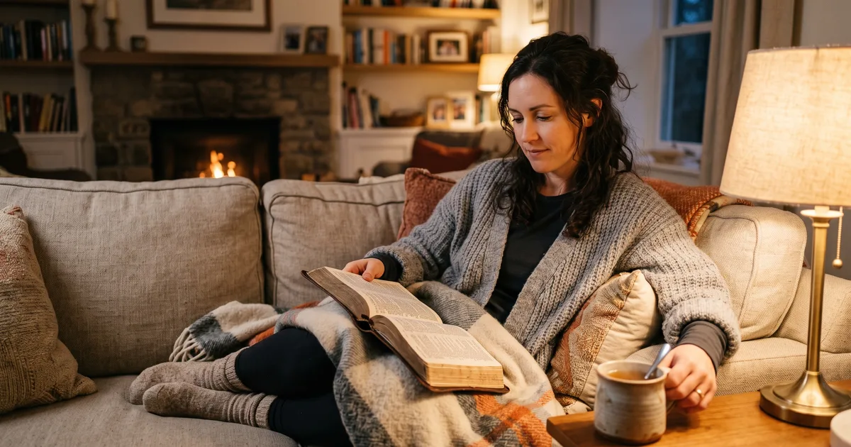 Mujer sofa te leyendo la Biblia
