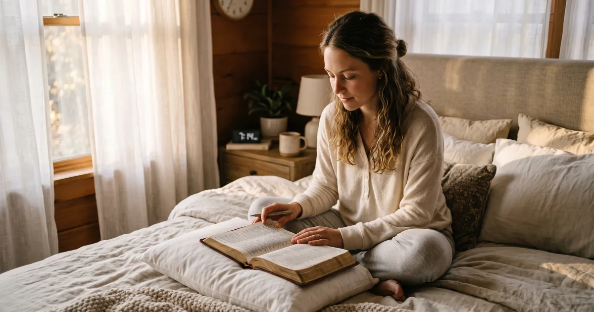 Mujer cama manana leyendo la Biblia
