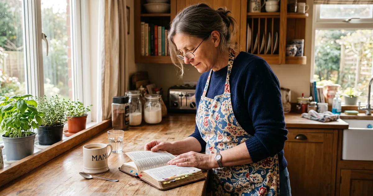 Mujer cocina delantal leyendo la Biblia